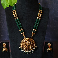 Green beads haram long neck wear with earring