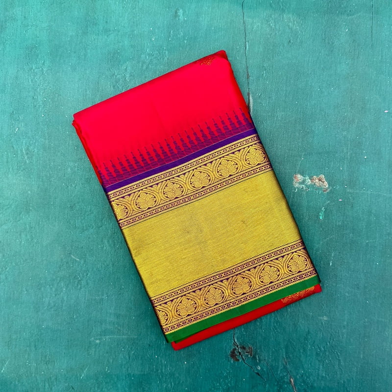 Chilli Red Kanchipuram with Platinum Blue