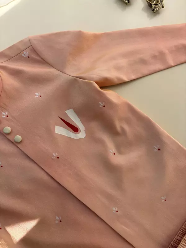 Peach Govind Namam Handpainted Tissue silk dhoti set