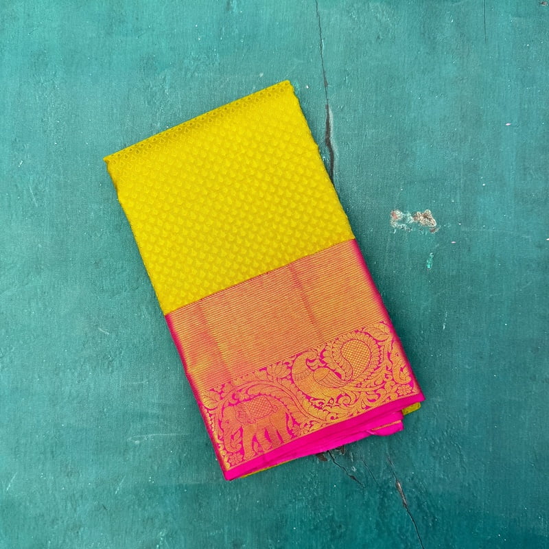 Parrot Green Kanchipuram with Scarlet Pink