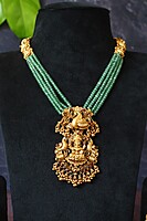 Traditional Peacock and Lakshmi Pendent four layer Green Beads Long Haram