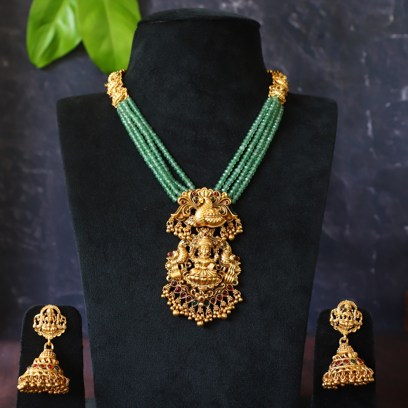 Traditional Peacock and Lakshmi Pendent four layer Green Beads Long Haram