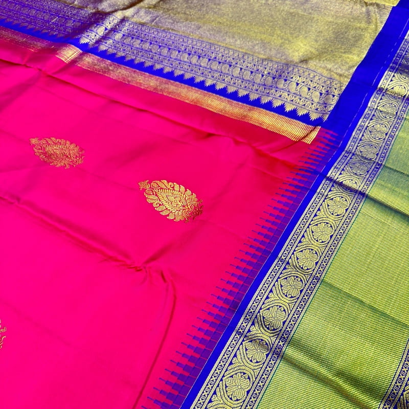 Chilli Red Kanchipuram with Platinum Blue