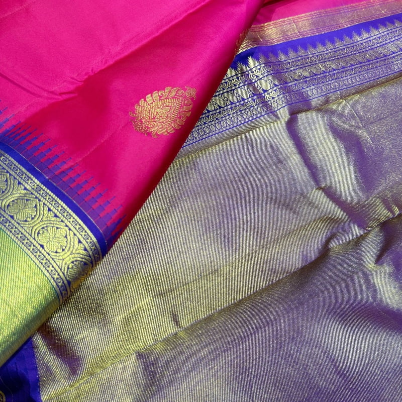 Chilli Red Kanchipuram with Platinum Blue