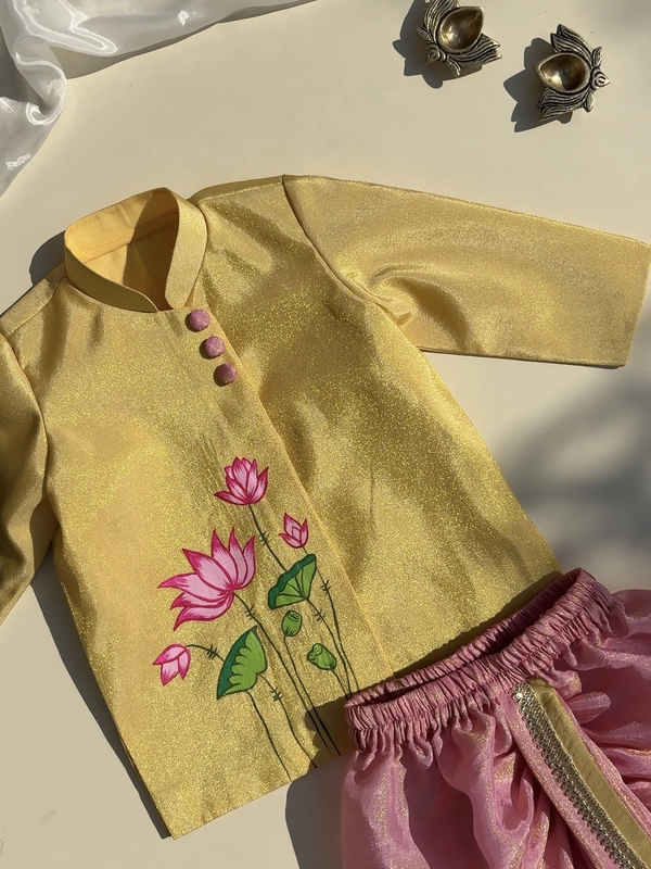 Sunshine Bloom Lotus Handpainted Dhoti Silk Set
