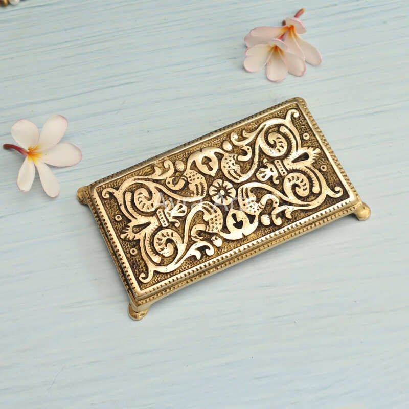 Handcrafted Brass Rectangle Chowki with Carved Surface - 6.5 Inch Length