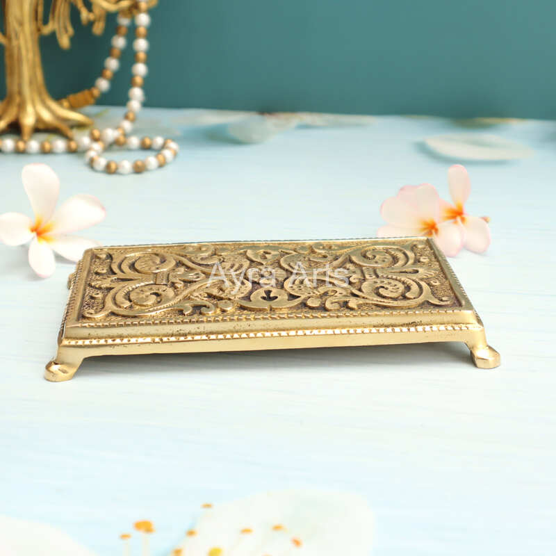 Handcrafted Brass Rectangle Chowki with Carved Surface - 6.5 Inch Length