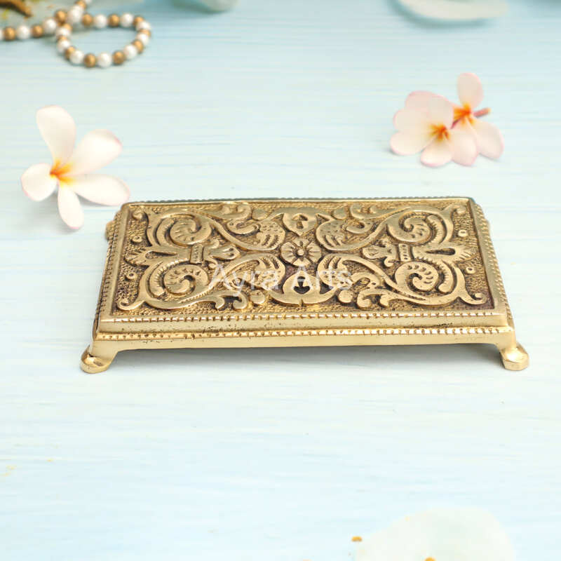 Handcrafted Brass Rectangle Chowki with Carved Surface - 6.5 Inch Length