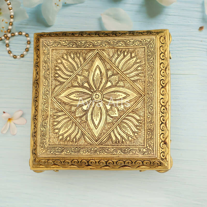 Brass Square Chowki Platform with Elephant Leg Design - 10 Inch Length