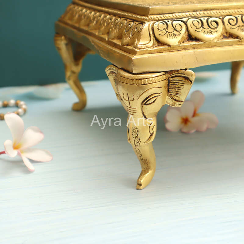 Brass Square Chowki Platform with Elephant Leg Design - 10 Inch Length