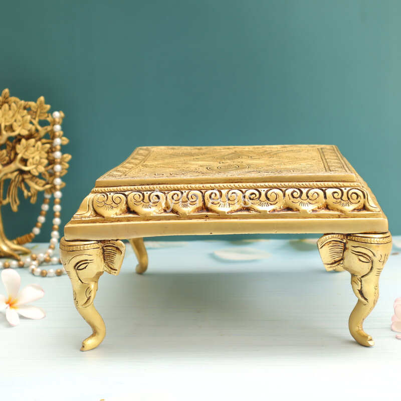 Brass Square Chowki Platform with Elephant Leg Design - 10 Inch Length