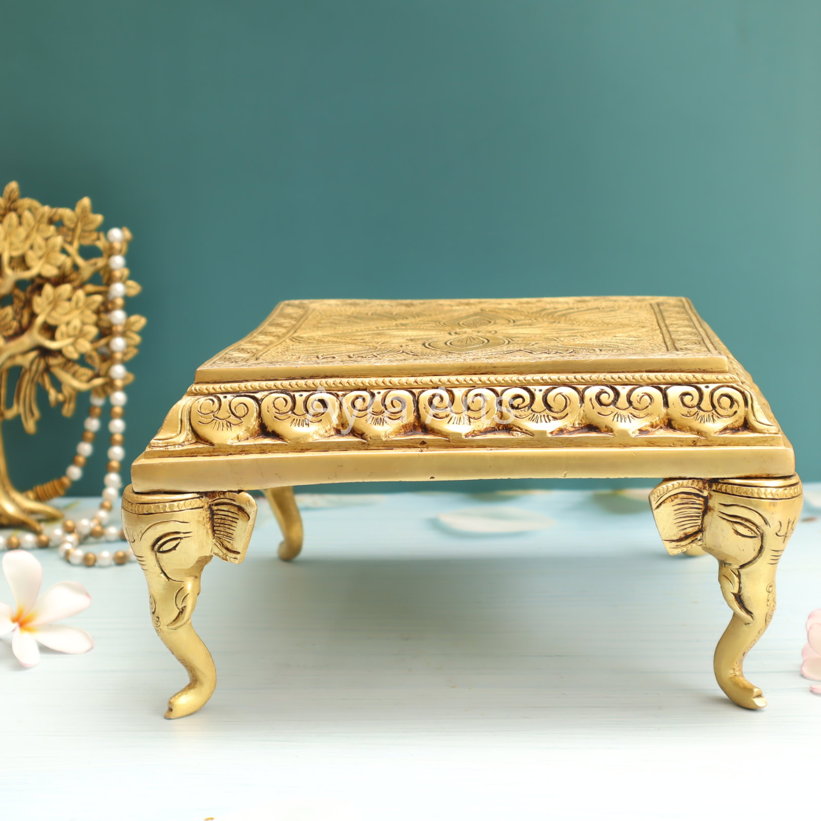 Brass Square Chowki Platform with Elephant Leg Design - 10 Inch Length