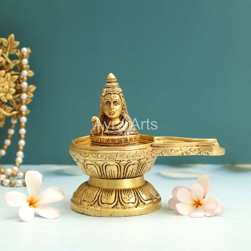 Brass Shiva Lingam with Shiva Face for Pooja - 5.5 Inch Height