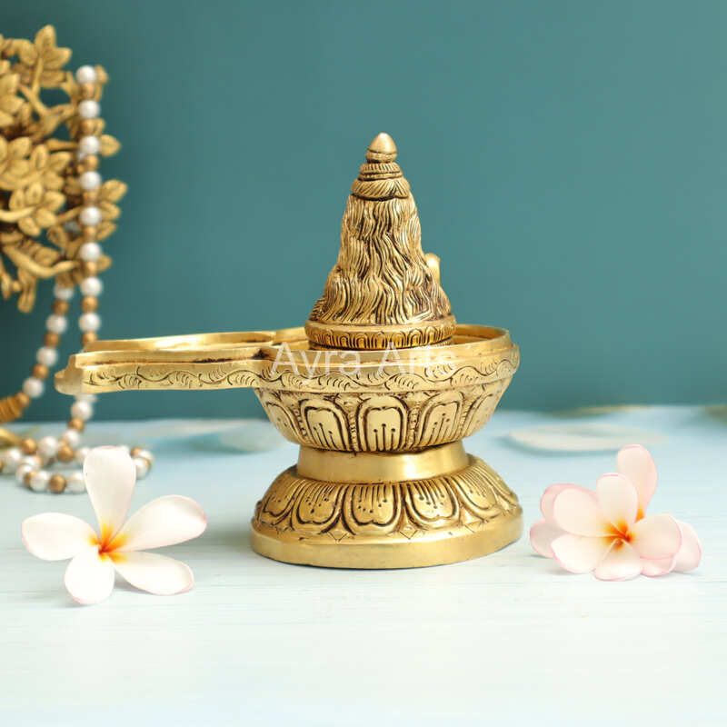 Brass Shiva Lingam with Shiva Face for Pooja - 5.5 Inch Height