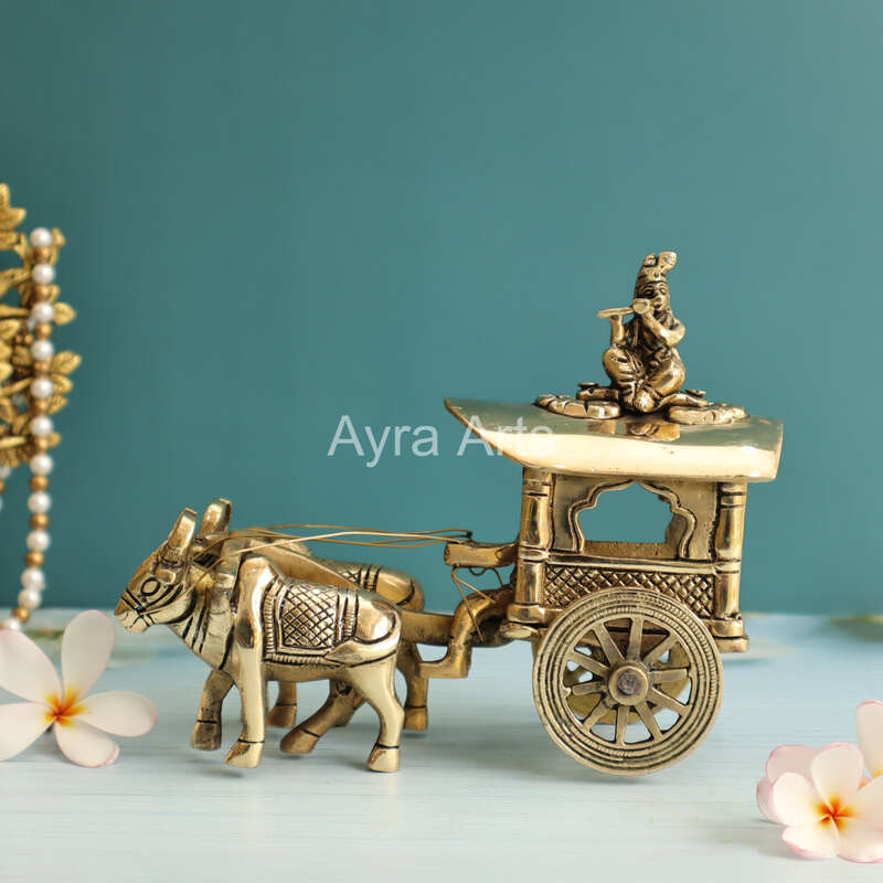 Brass Superfine Bullock Cart With Krishna On Top Of Cart - 6 Inch Height