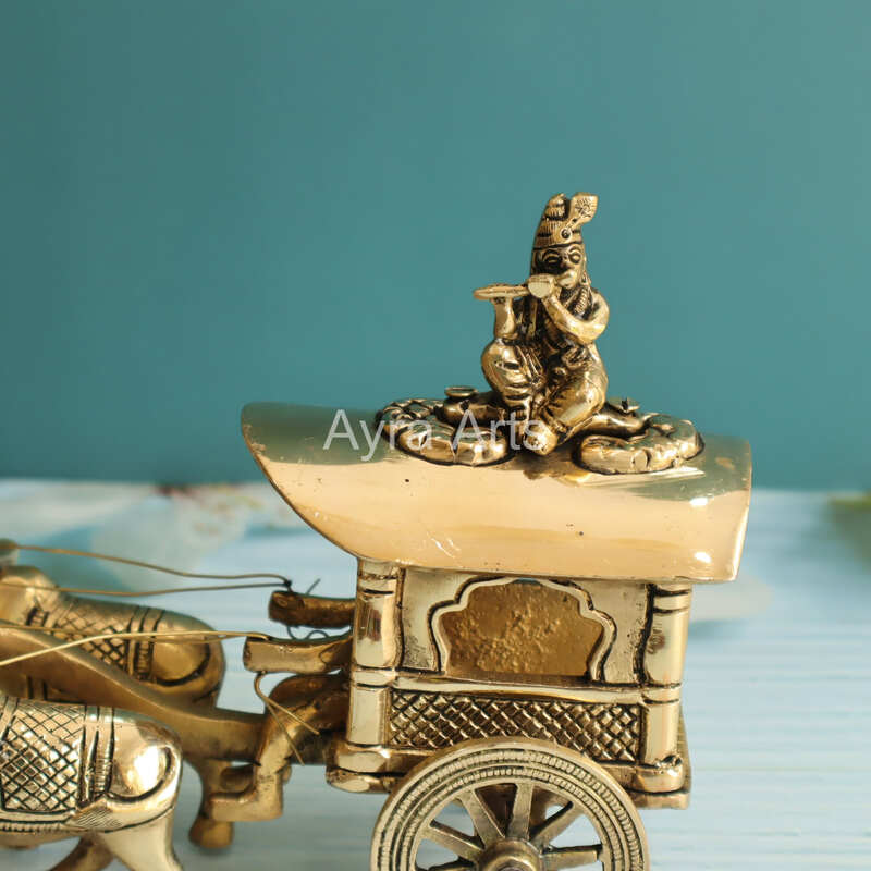 Brass Superfine Bullock Cart With Krishna On Top Of Cart - 6 Inch Height