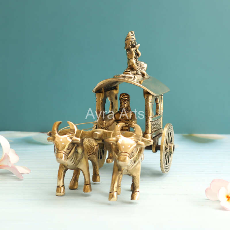Brass Superfine Bullock Cart With Krishna On Top Of Cart - 6 Inch Height