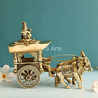Brass Superfine Bullock Cart With Krishna On Top Of Cart - 6 Inch Height
