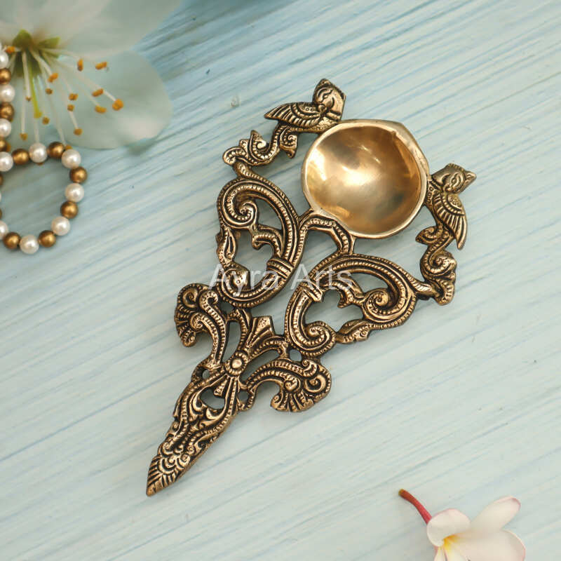 Twin Peacock Design Round Brass Pooja Aarti Spoon - 7 Inch Lenght