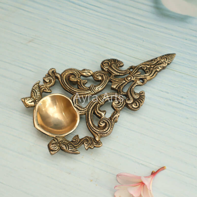 Twin Peacock Design Round Brass Pooja Aarti Spoon - 7 Inch Lenght