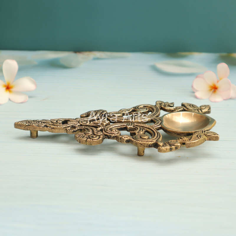 Twin Peacock Design Round Brass Pooja Aarti Spoon - 7 Inch Lenght