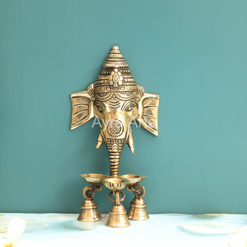 Brass Ganesh Wall Hanging Three wick Diya And Bells for Home Temple Decor- 8.5 Inch Height