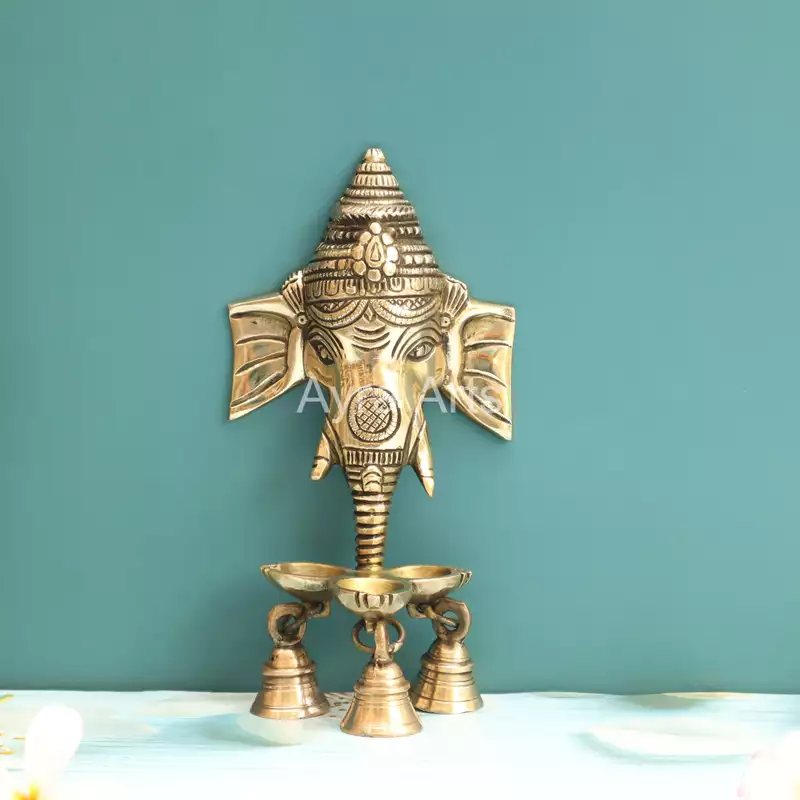 Brass Ganesh Wall Hanging Three wick Diya And Bells for Home Temple Decor- 8.5 Inch Height