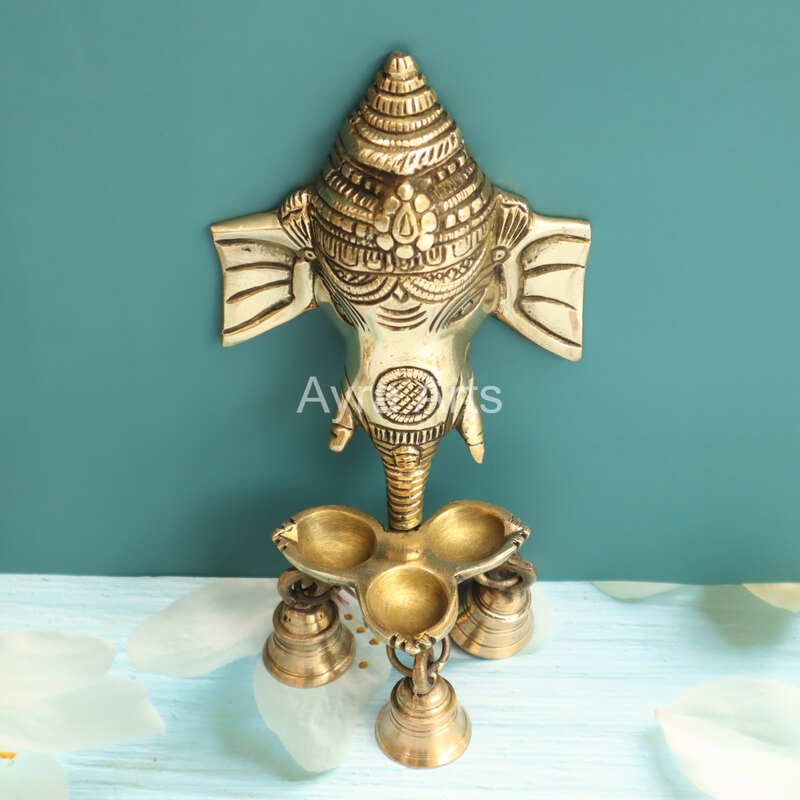 Brass Ganesh Wall Hanging Three wick Diya And Bells for Home Temple Decor- 8.5 Inch Height