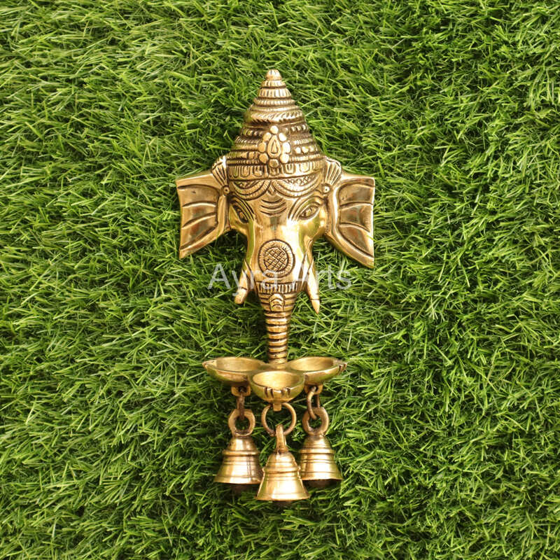 Brass Ganesh Wall Hanging Three wick Diya And Bells for Home Temple Decor- 8.5 Inch Height