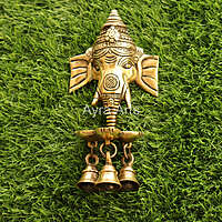 Brass Ganesh Wall Hanging Three wick Diya And Bells for Home Temple Decor- 8.5 Inch Height