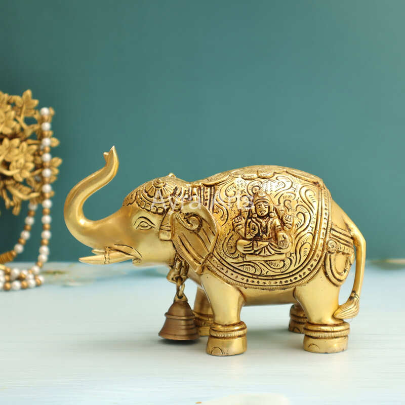 Brass Elephant Engarved with Laxmi Ganesh on The Top - 5.5 Inch Height