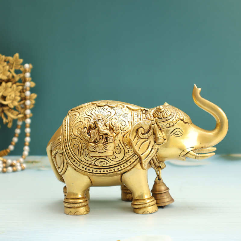 Brass Elephant Engarved with Laxmi Ganesh on The Top - 5.5 Inch Height