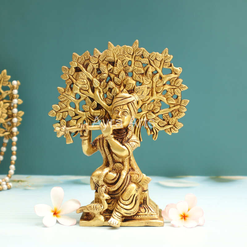 Pure Brass Krishna Playing Flute Under Tree Kalpavriksh Tree - 8.5 Inch Height