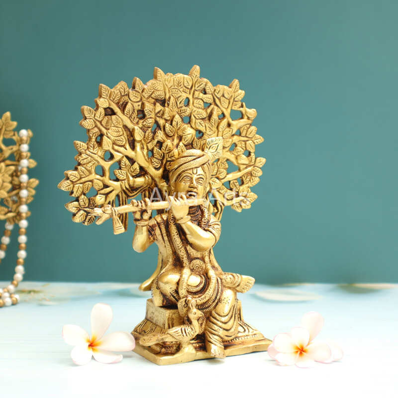 Pure Brass Krishna Playing Flute Under Tree Kalpavriksh Tree - 8.5 Inch Height