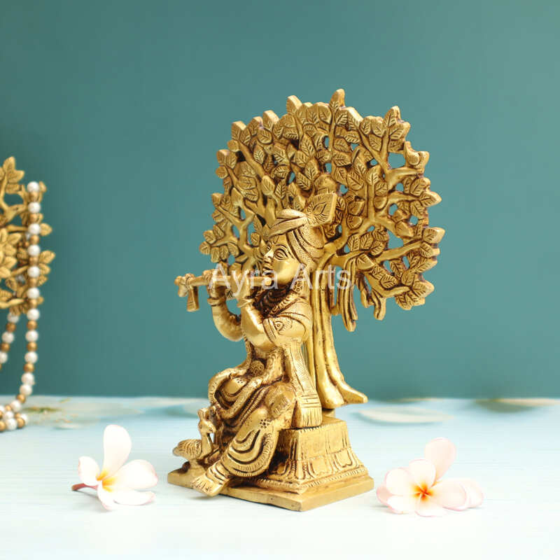 Pure Brass Krishna Playing Flute Under Tree Kalpavriksh Tree - 8.5 Inch Height