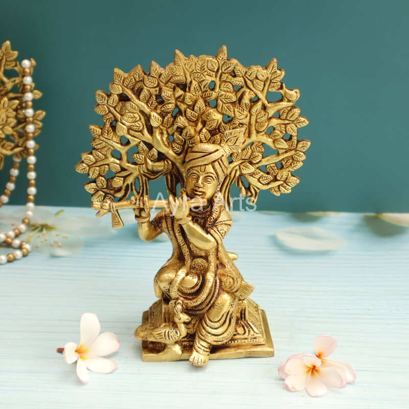 Pure Brass Krishna Playing Flute Under Tree Kalpavriksh Tree - 8.5 Inch Height