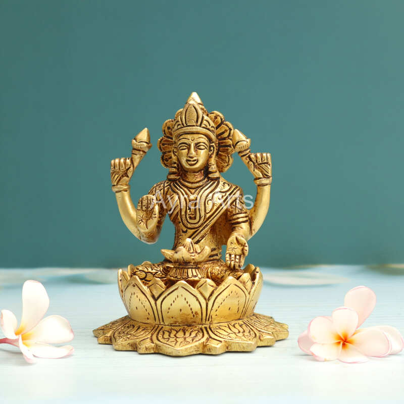 Buy Beautiful Brass Lakshmi Statue Sitting on Lotus Flower With Kalash - 5.5 Inch Height