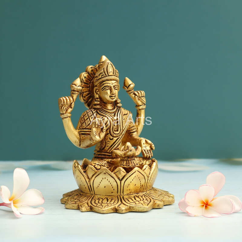 Buy Beautiful Brass Lakshmi Statue Sitting on Lotus Flower With Kalash - 5.5 Inch Height
