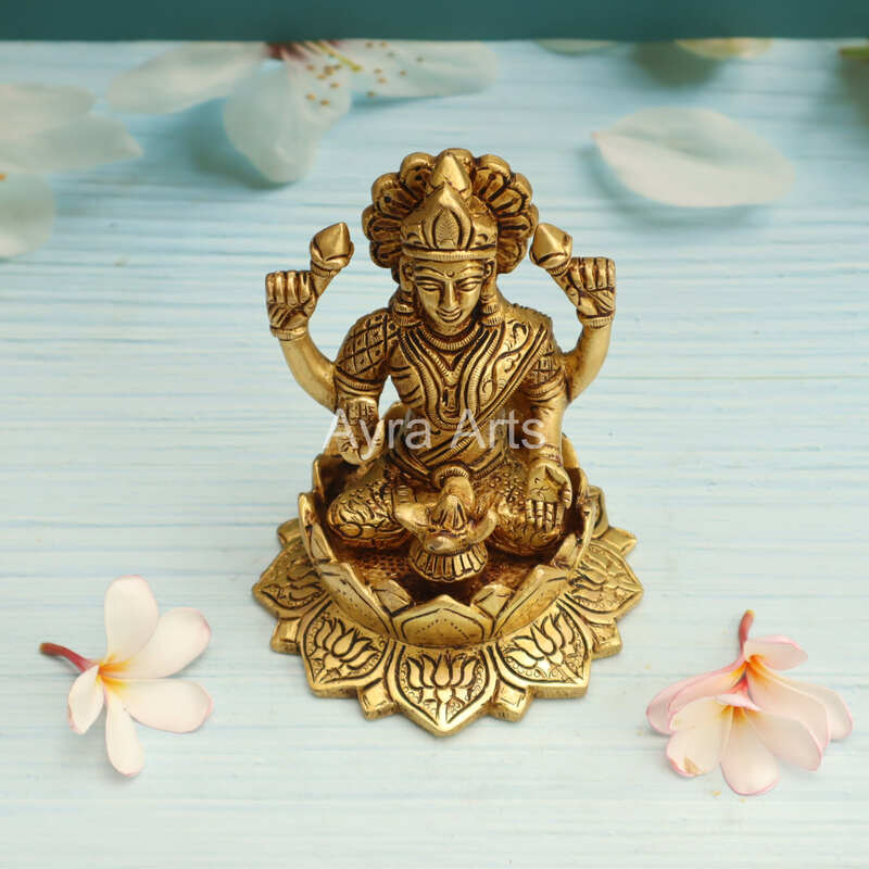 Buy Beautiful Brass Lakshmi Statue Sitting on Lotus Flower With Kalash - 5.5 Inch Height