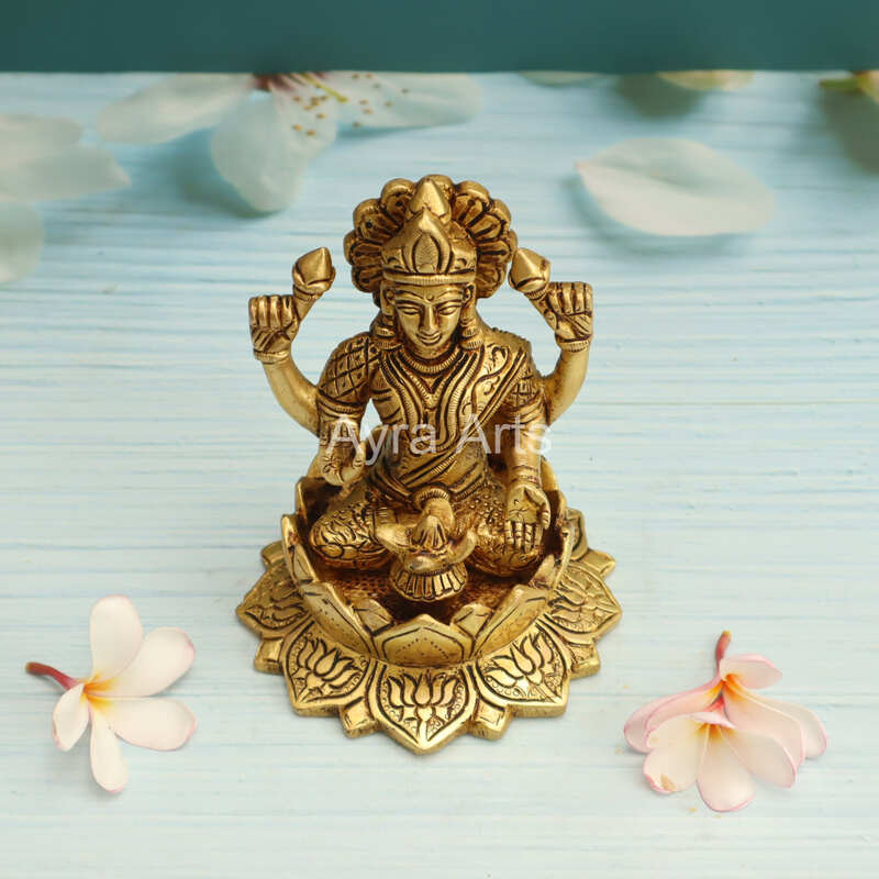Buy Beautiful Brass Lakshmi Statue Sitting on Lotus Flower With Kalash - 5.5 Inch Height