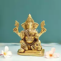 Brass Ganesh Idol With Prasadam And Mushika - 6 Inch Height