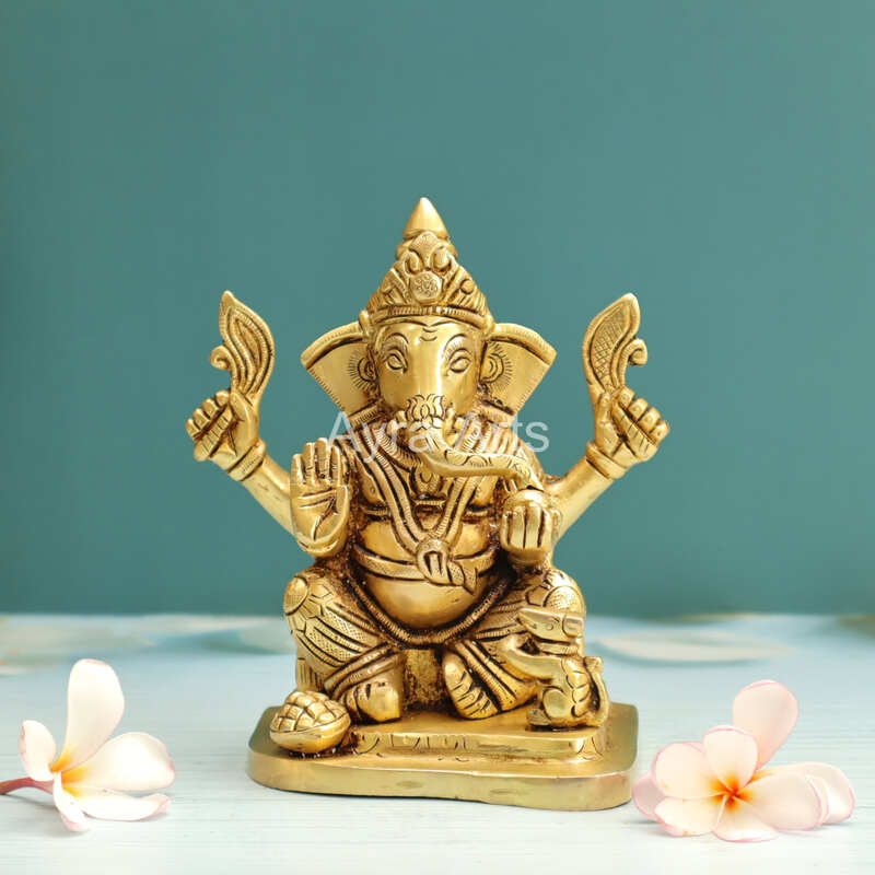 Brass Ganesh Idol With Prasadam And Mushika - 6 Inch Height