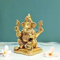 Brass Ganesh Idol With Prasadam And Mushika - 6 Inch Height