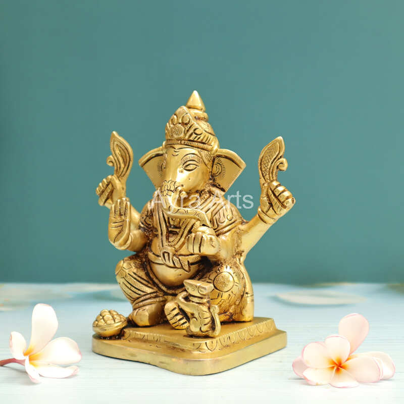 Brass Ganesh Idol With Prasadam And Mushika - 6 Inch Height