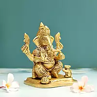 Brass Ganesh Idol With Prasadam And Mushika - 6 Inch Height