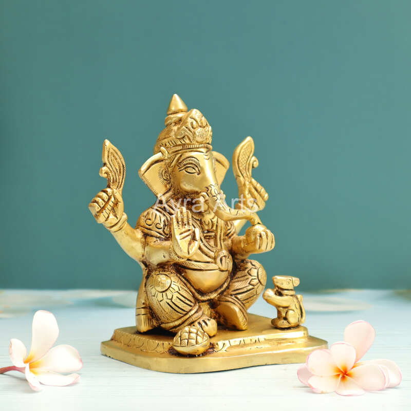 Brass Ganesh Idol With Prasadam And Mushika - 6 Inch Height
