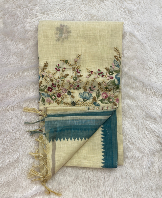Saanvi White Base – The Linen French Knot Saree SWS143