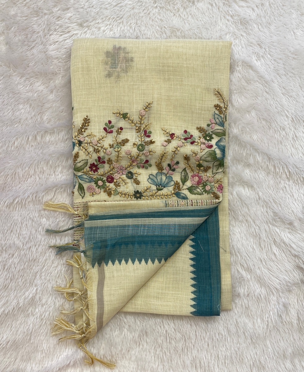 Saanvi White Base – The Linen French Knot Saree SWS143