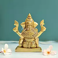 Brass Ganesh Idol With Prasadam And Mushika - 6 Inch Height