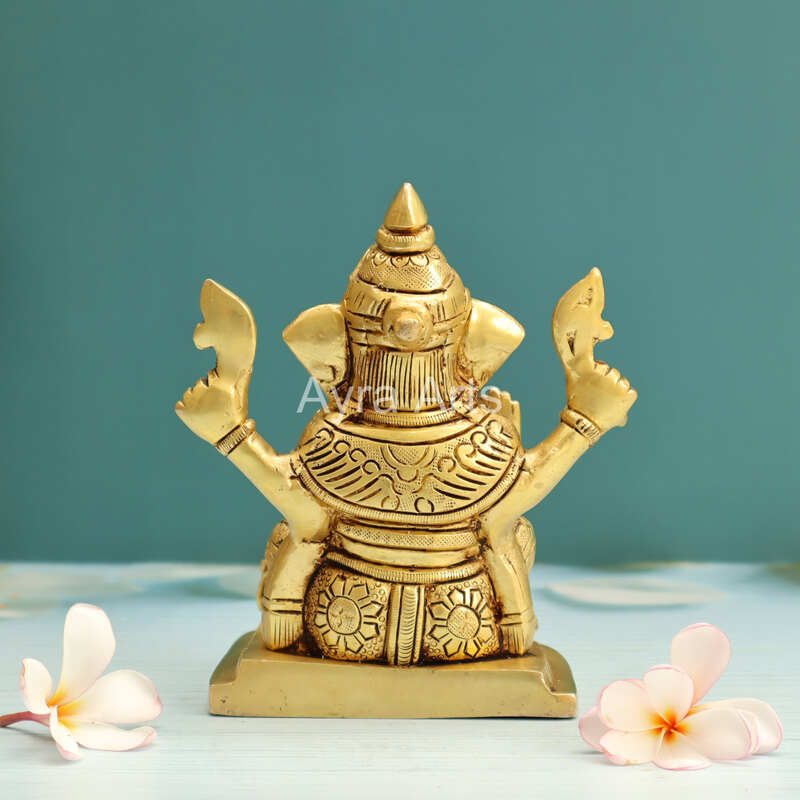 Brass Ganesh Idol With Prasadam And Mushika - 6 Inch Height